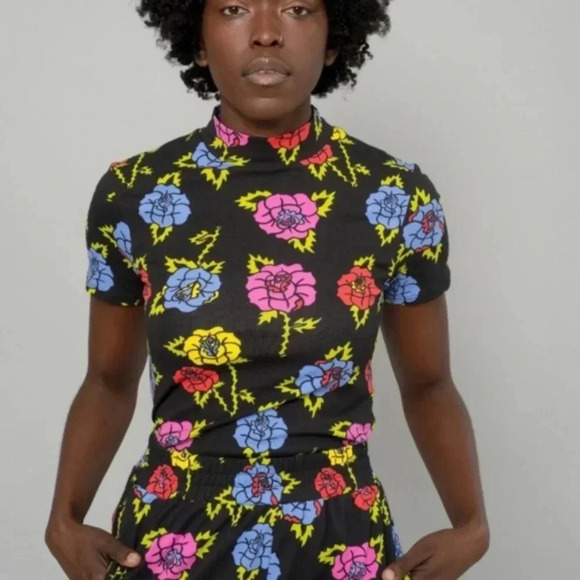 Nooworks Black Blouse Joyce Shirt Thorny Rose Top Short Sleeve Button Up Small - Picture 2 of 8